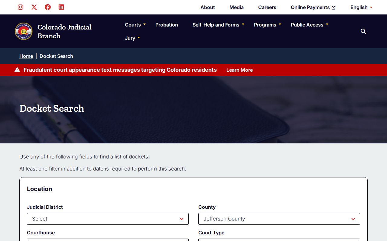 Lakewood residents directory view of the Jefferson County court docket search