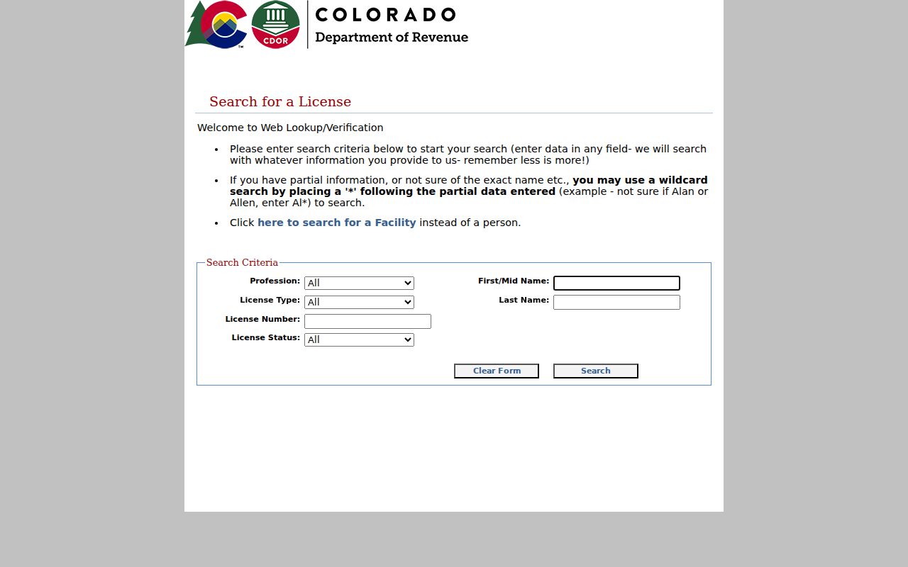 Lakewood resident lookup view of Colorado DORA license verification