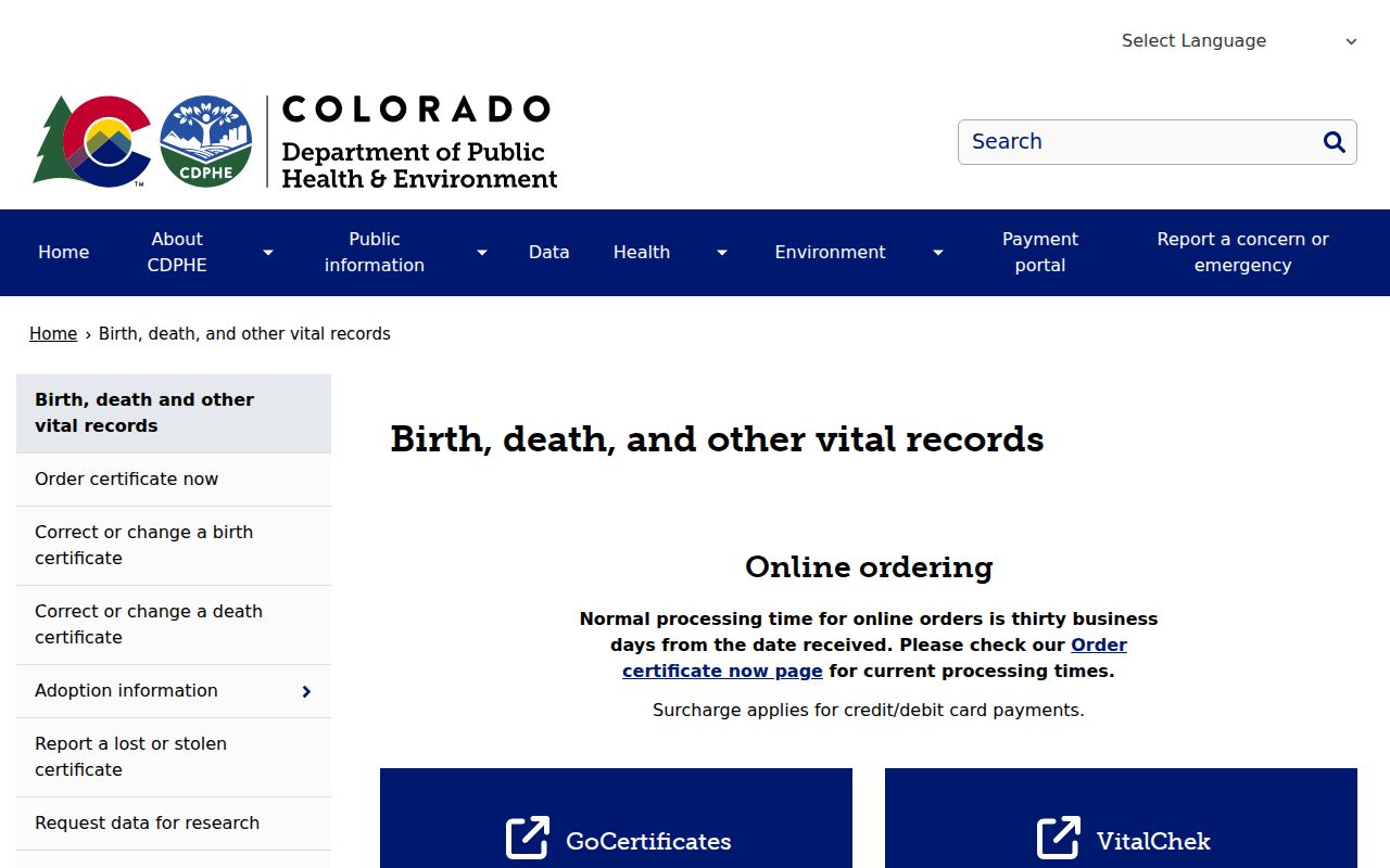Lakewood resident lookup view of Colorado Vital Records access
