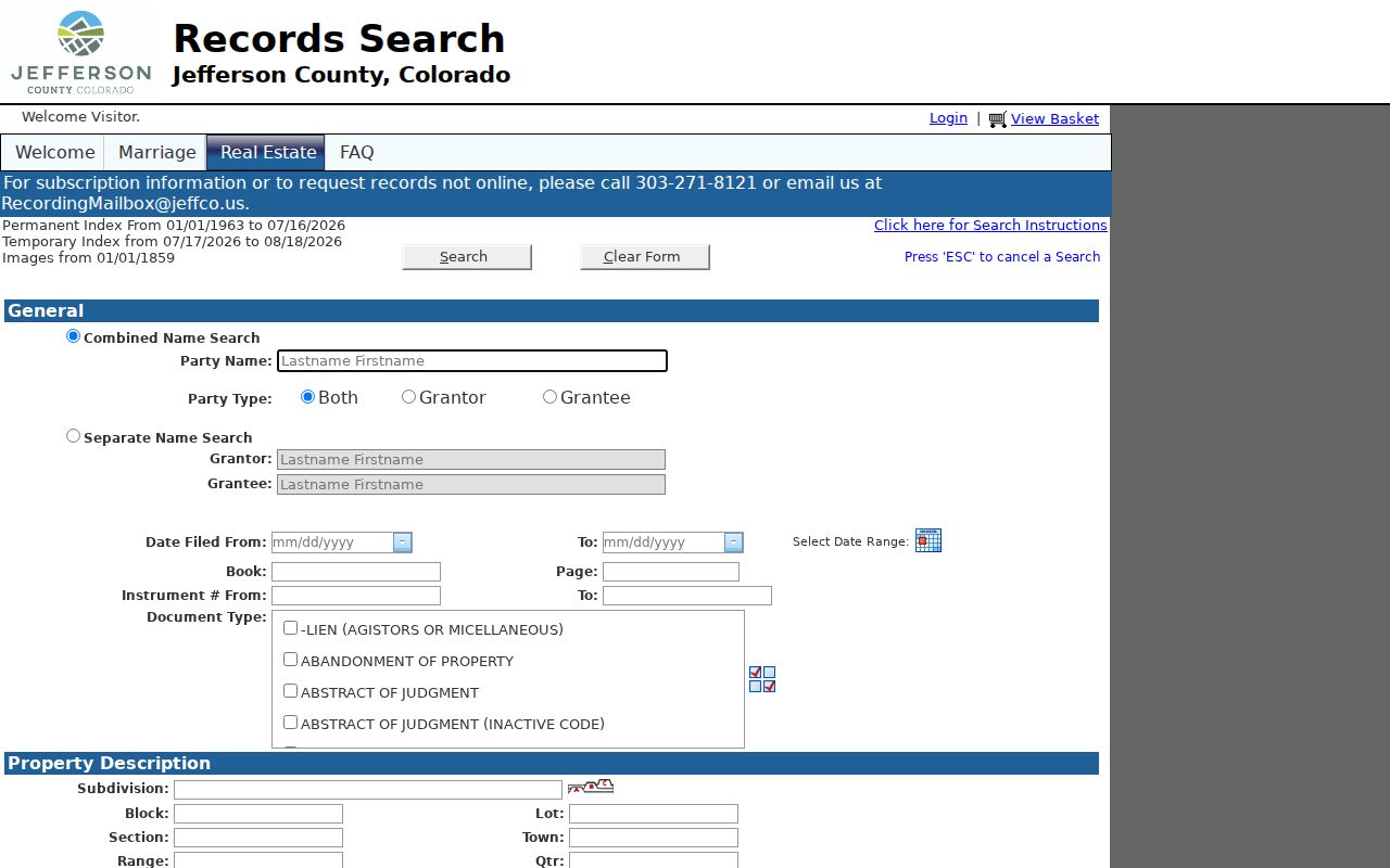 Lakewood street directory view of the Jefferson County recorded real estate index